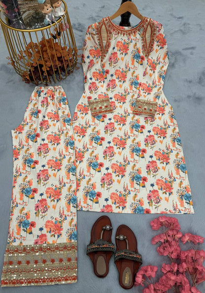 Beige Designer Roman Silk Embroidery Plazzo and Top For Party Wear