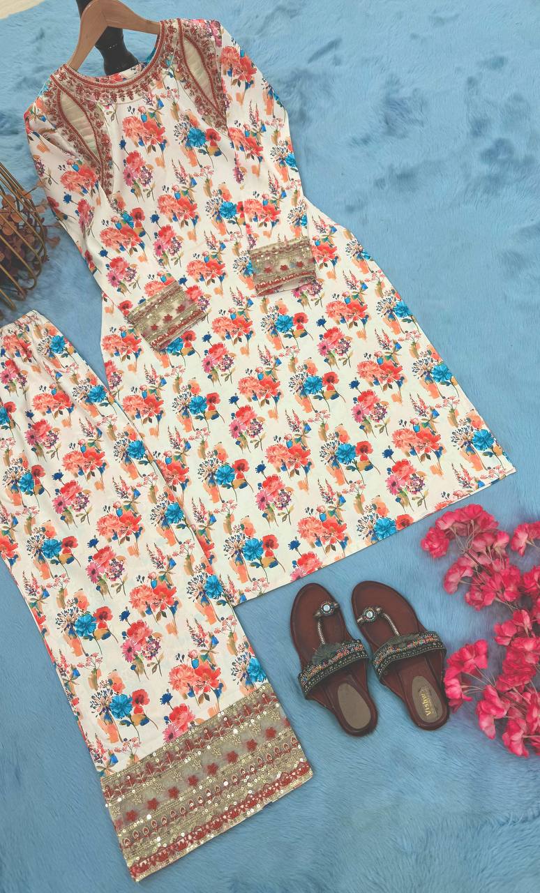 Beige Designer Roman Silk Embroidery Plazzo and Top For Party Wear