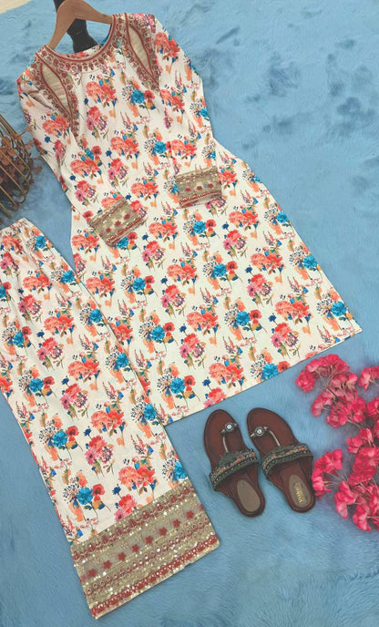 Beige Designer Roman Silk Embroidery Plazzo and Top For Party Wear