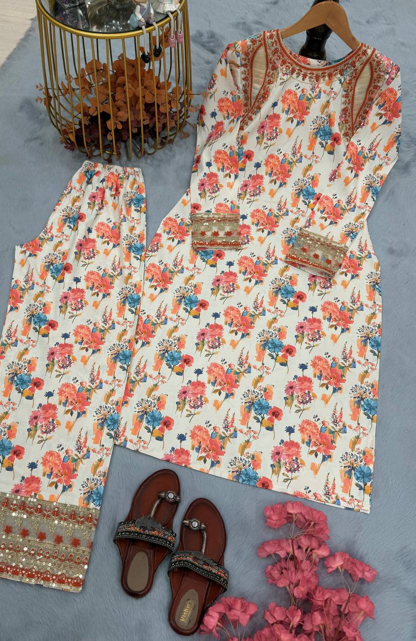 Beige Designer Roman Silk Embroidery Plazzo and Top For Party Wear