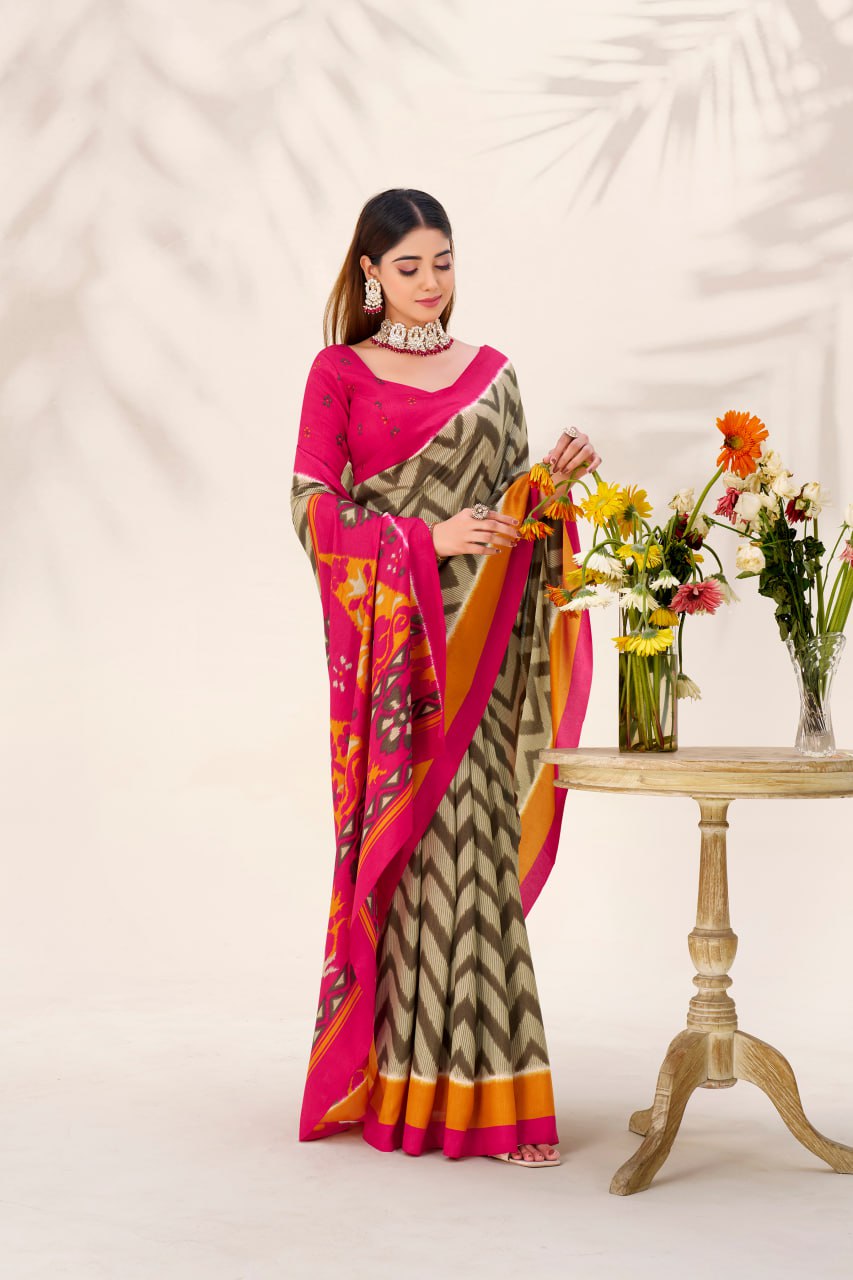 Beige Elegant Zigzag Tasar Silk Printed Saree with Matching Blouse