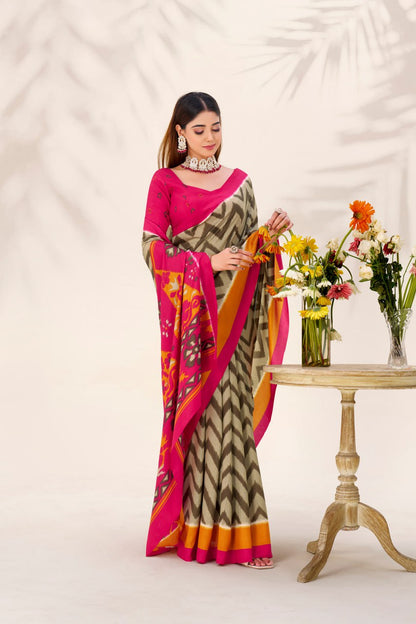 Beige Elegant Zigzag Tasar Silk Printed Saree with Matching Blouse