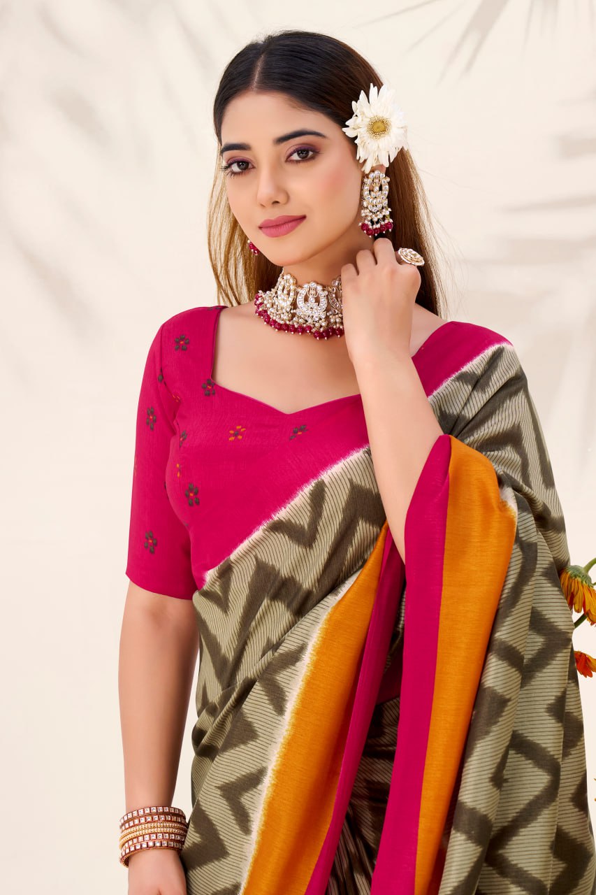 Beige Elegant Zigzag Tasar Silk Printed Saree with Matching Blouse