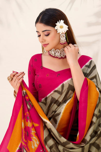 Beige Elegant Zigzag Tasar Silk Printed Saree with Matching Blouse