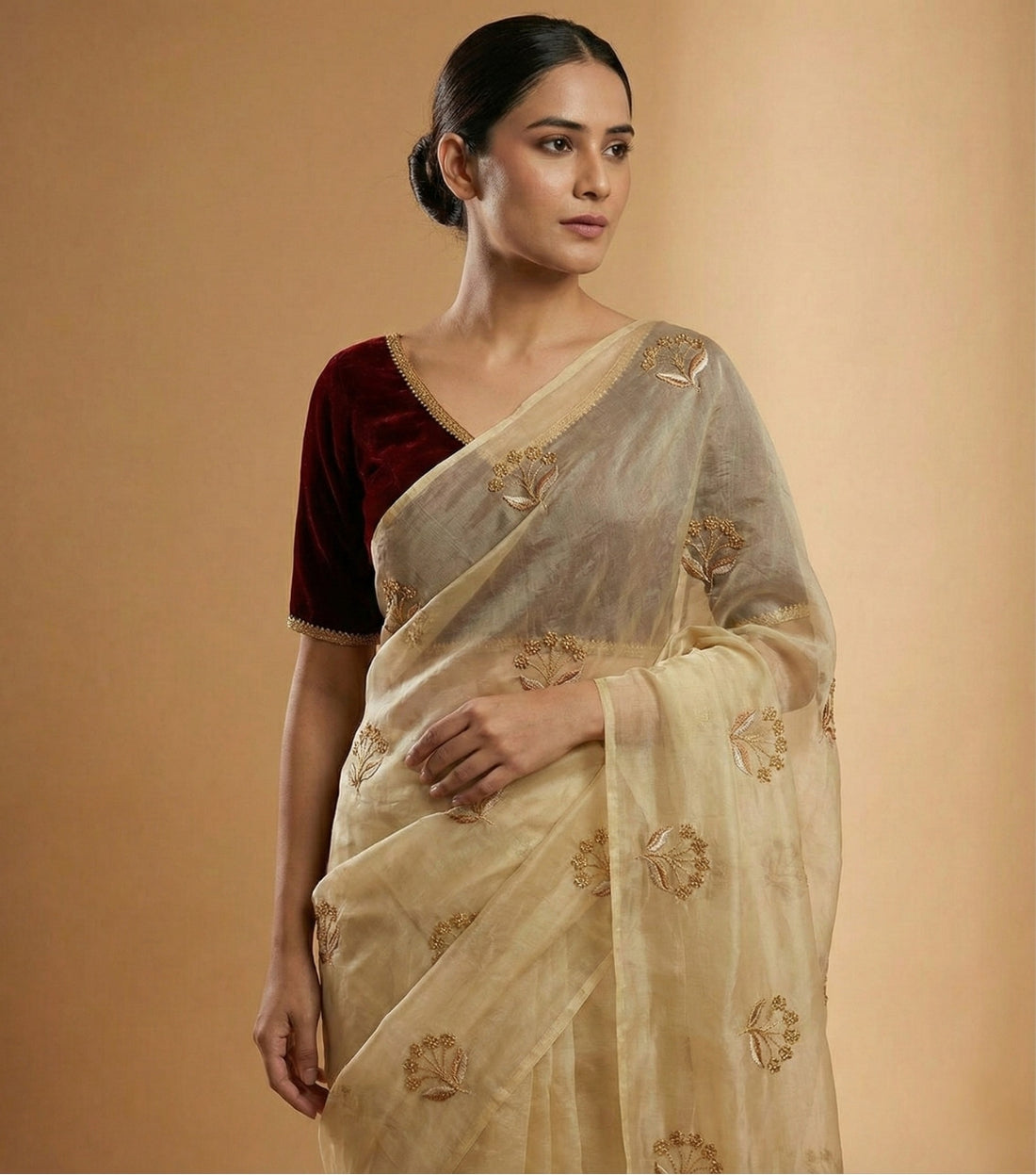 Beige Embroidered Organza Saree with Velvet Contrast Blouse