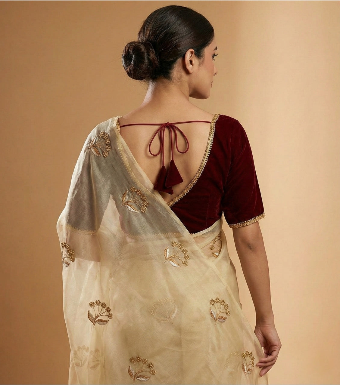 Beige Embroidered Organza Saree with Velvet Contrast Blouse