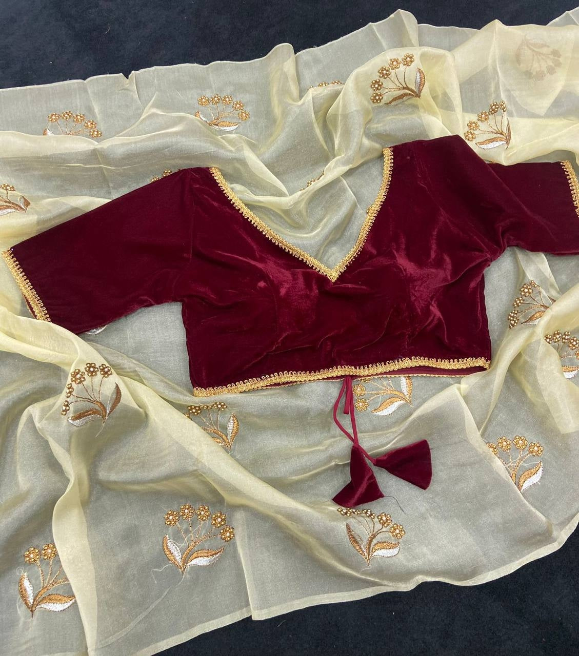 Beige Embroidered Organza Saree with Velvet Contrast Blouse