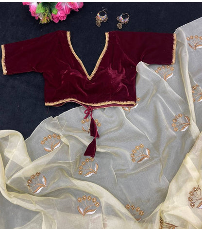 Beige Embroidered Organza Saree with Velvet Contrast Blouse