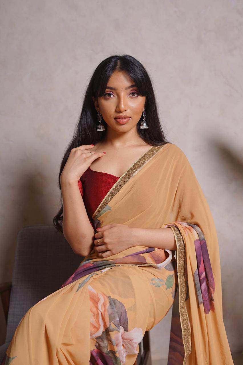 Beige Georgette Digital Print Saree with Lace Border Maroon Blouse