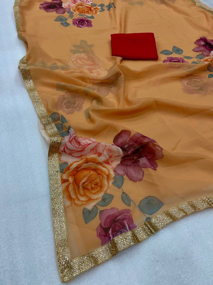 Beige Georgette Digital Print Saree with Lace Border Maroon Blouse