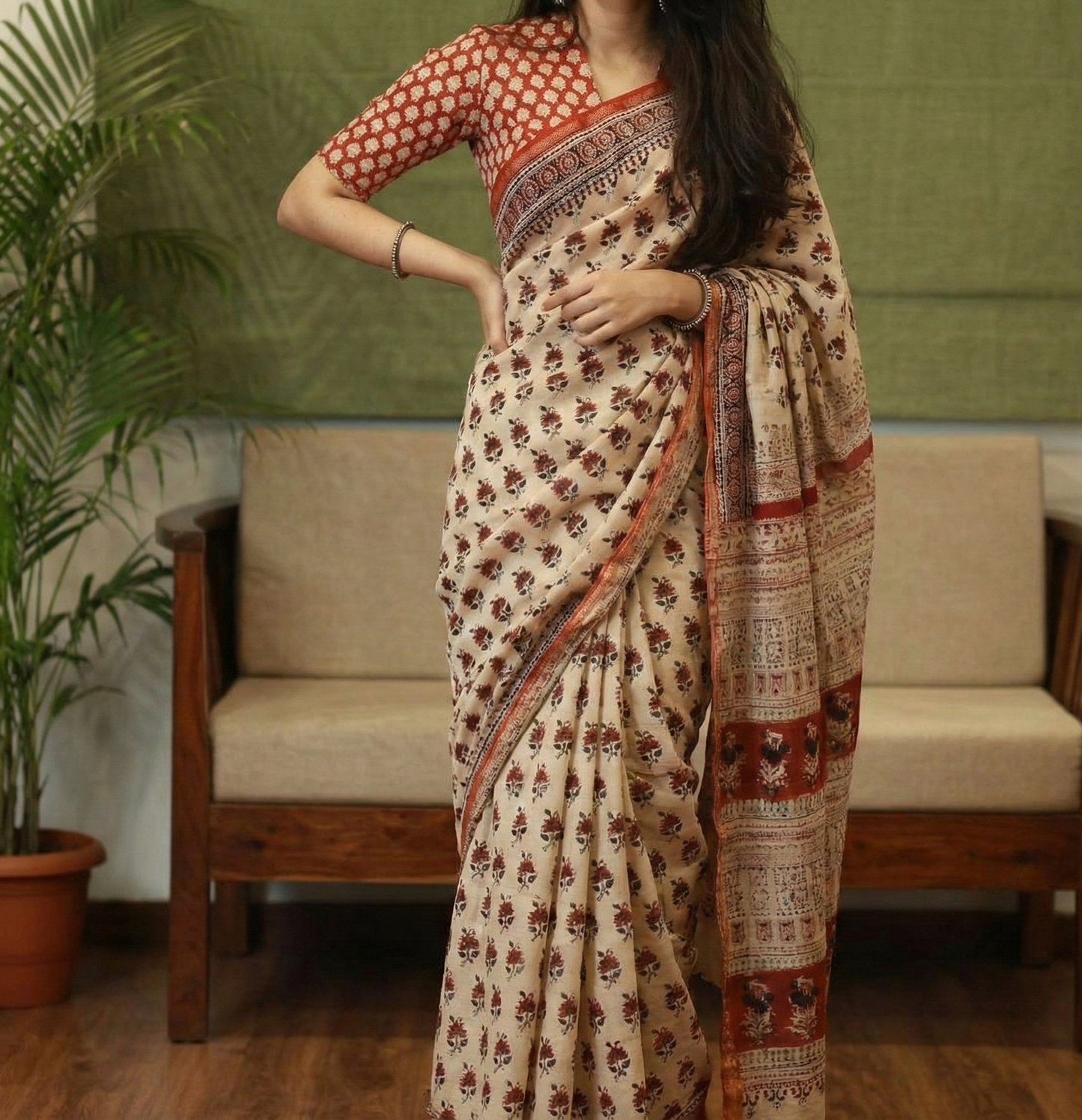 Beige Mulmul Cotton Digital Print Saree with Banglori Blouse