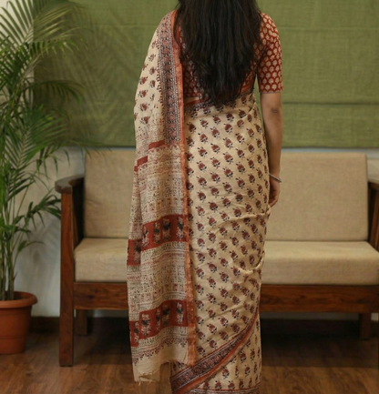 Beige Mulmul Cotton Digital Print Saree with Banglori Blouse