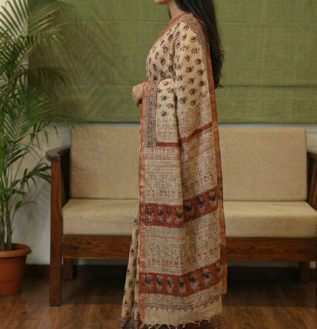 Beige Mulmul Cotton Digital Print Saree with Banglori Blouse
