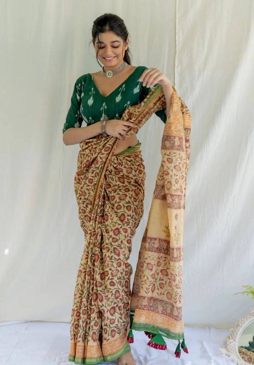 Beige Mulmul Cotton Digital Print Saree with Green Mulmul Blouse