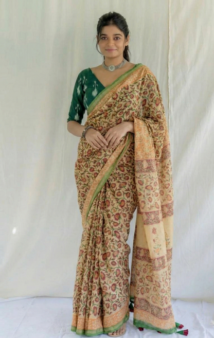 Beige Mulmul Cotton Digital Print Saree with Green Mulmul Blouse