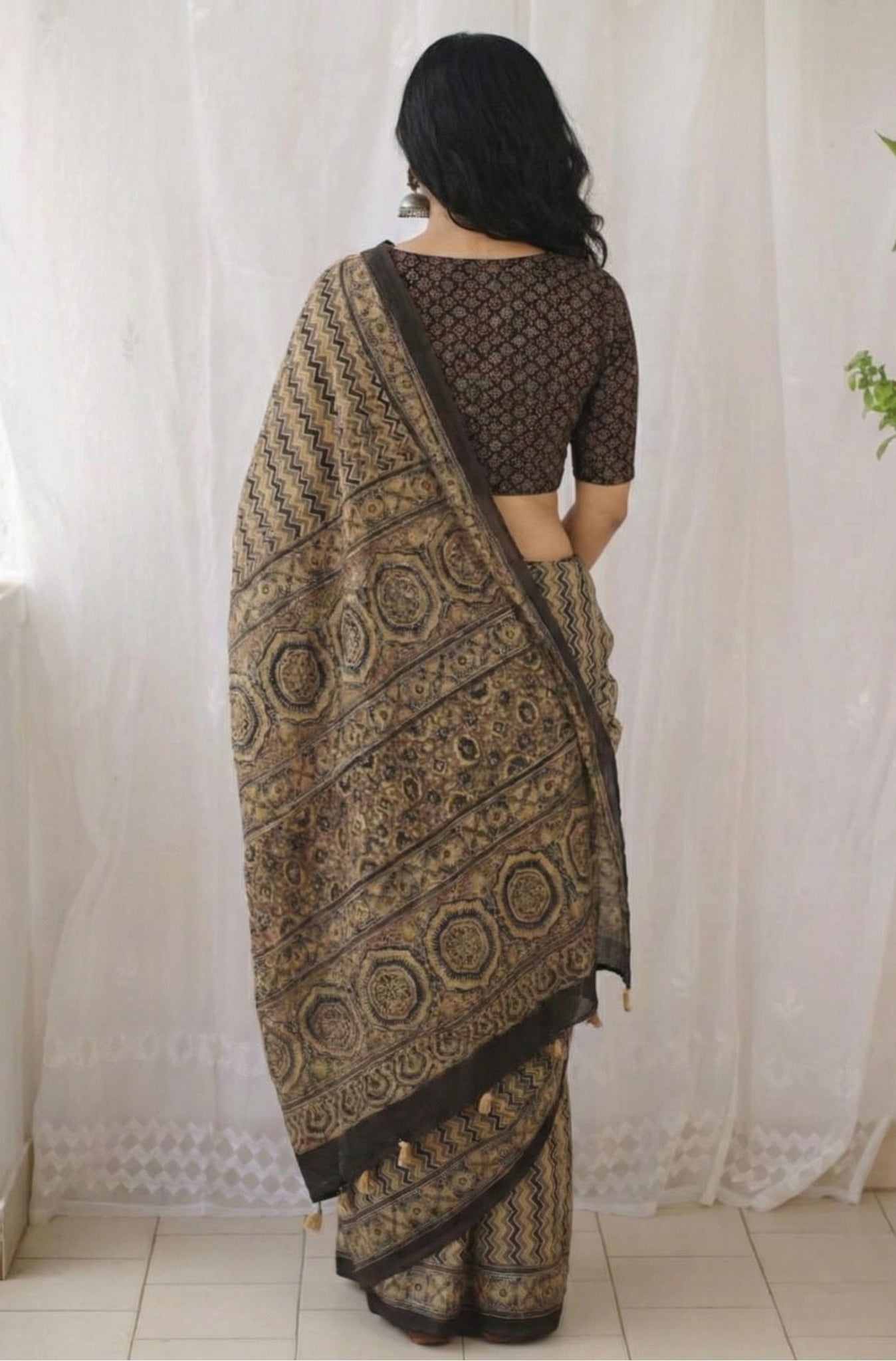 Beige Soft Mulmul Cotton Digital Print Saree with Banglori Blouse