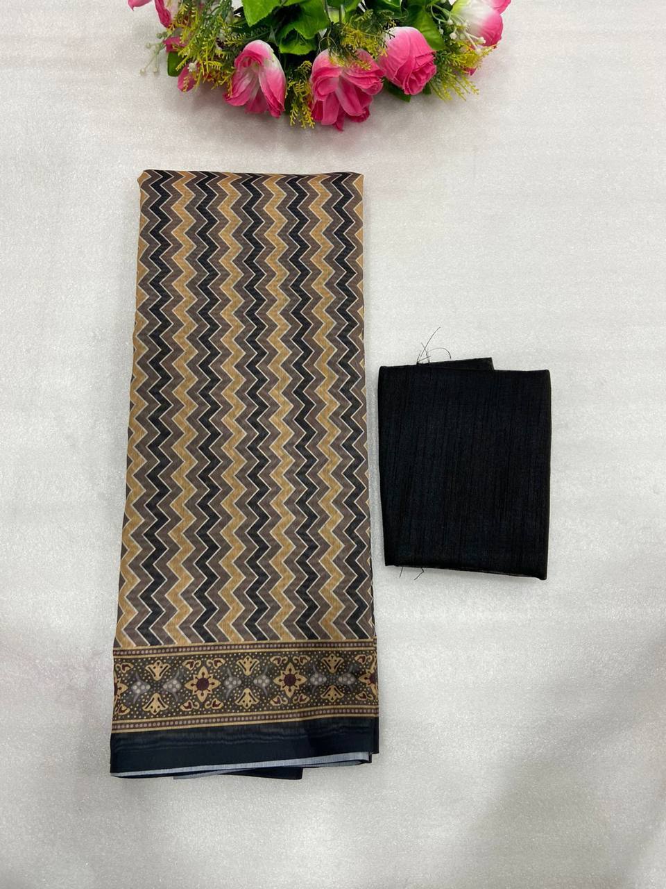 Beige Soft Mulmul Cotton Digital Print Saree with Banglori Blouse