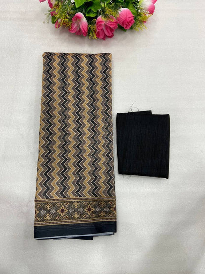 Beige Soft Mulmul Cotton Digital Print Saree with Banglori Blouse