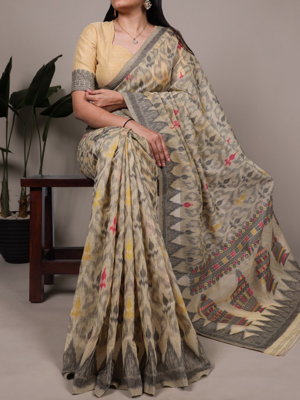 Beige Soft Poly Cotton Printed Saree with Thread Weaving