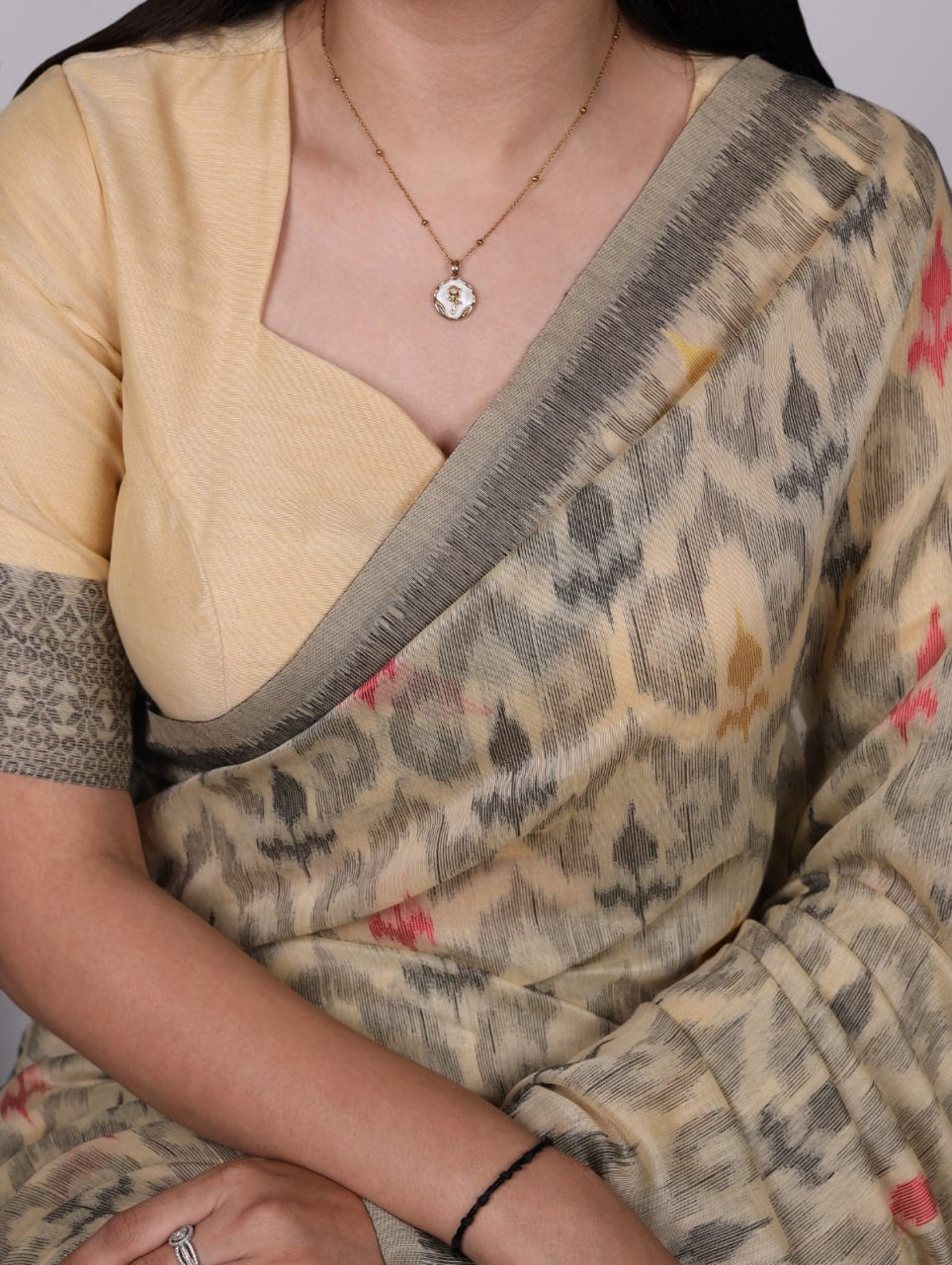 Beige Soft Poly Cotton Printed Saree with Thread Weaving