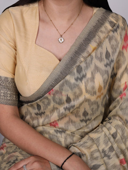 Beige Soft Poly Cotton Printed Saree with Thread Weaving