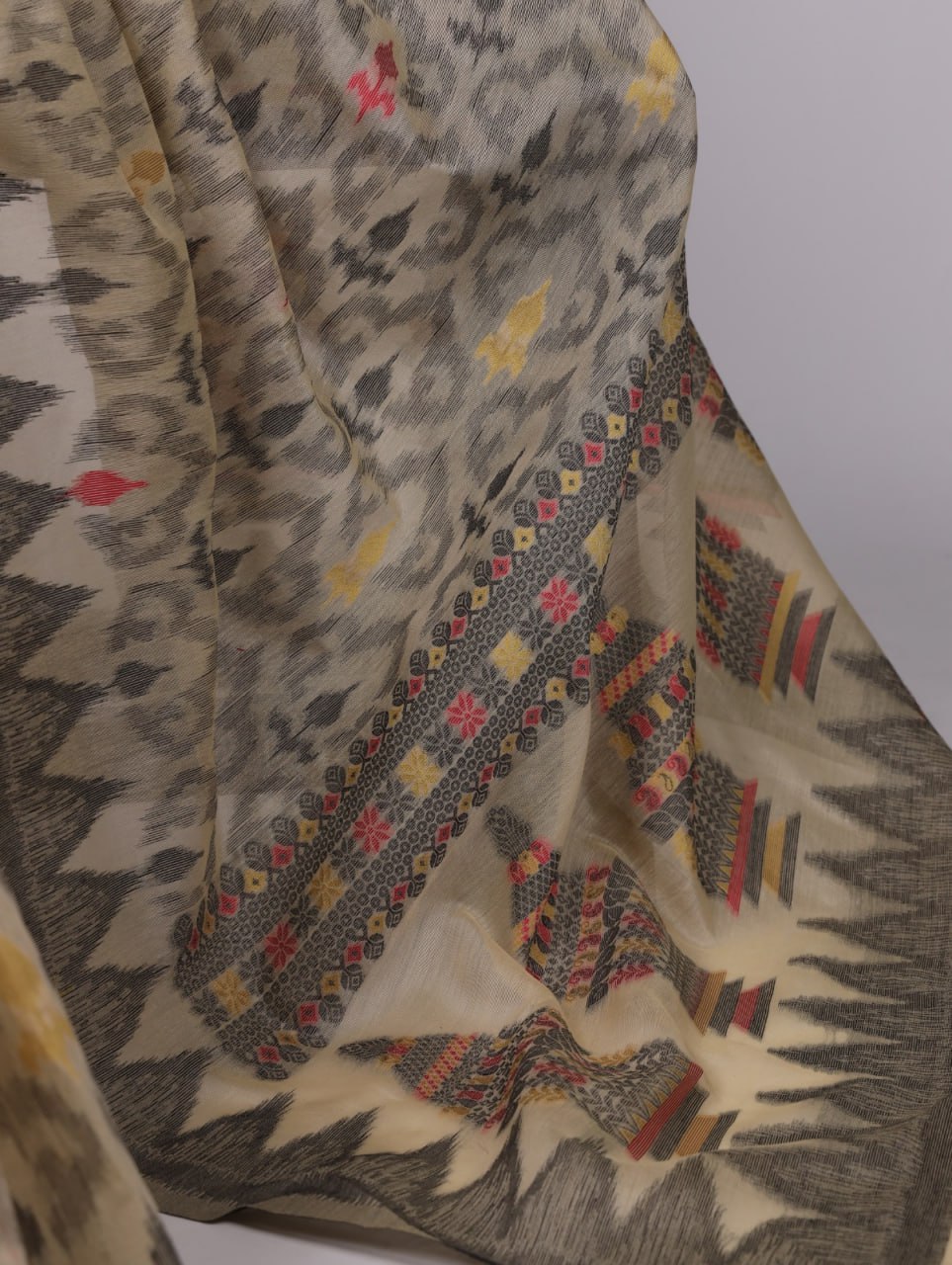 Beige Soft Poly Cotton Printed Saree with Thread Weaving