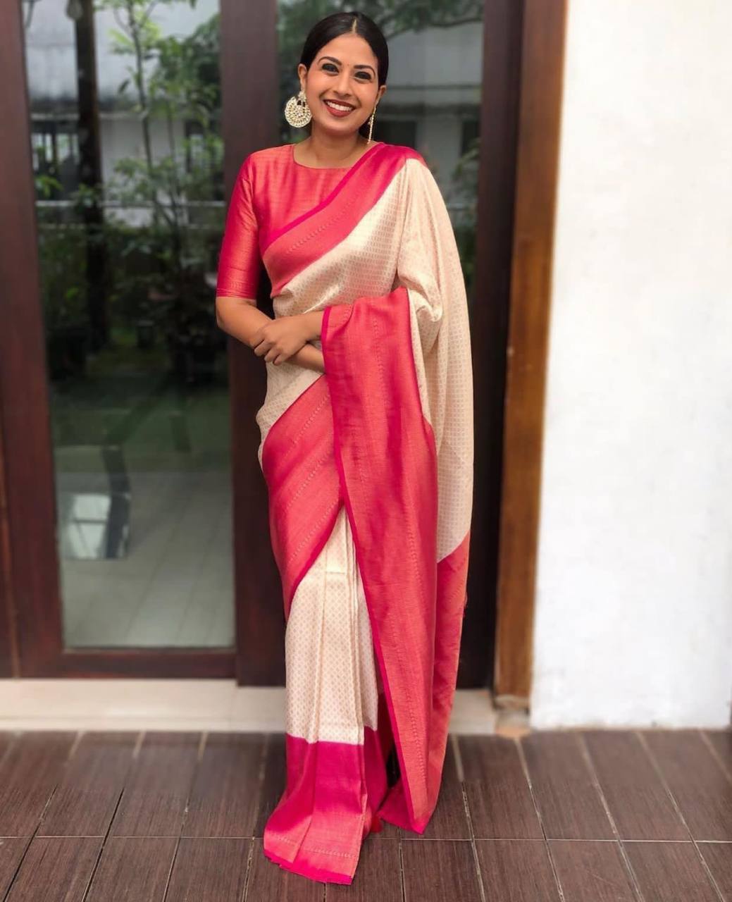 Beige Traditional Kanchipuram Saree with Fully Designer Woven Blouse