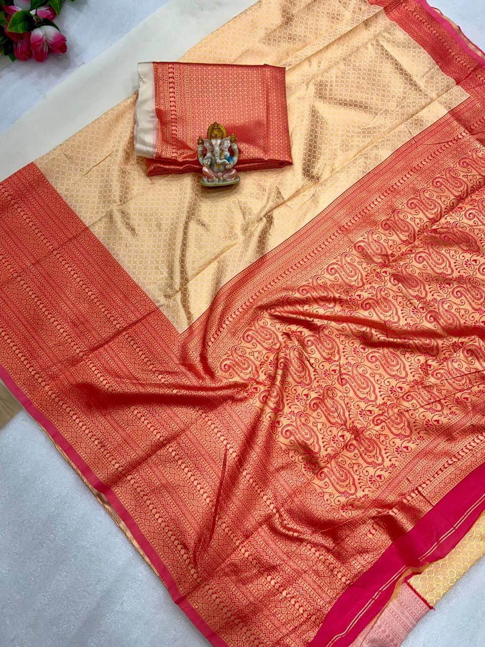 Beige Traditional Kanchipuram Saree with Fully Designer Woven Blouse