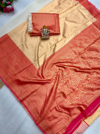 Beige Traditional Kanchipuram Saree with Fully Designer Woven Blouse