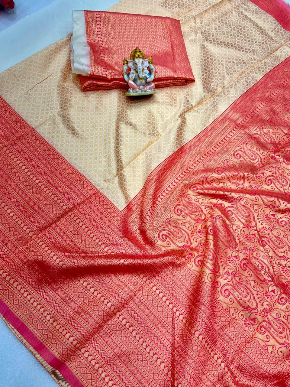 Beige Traditional Kanchipuram Saree with Fully Designer Woven Blouse