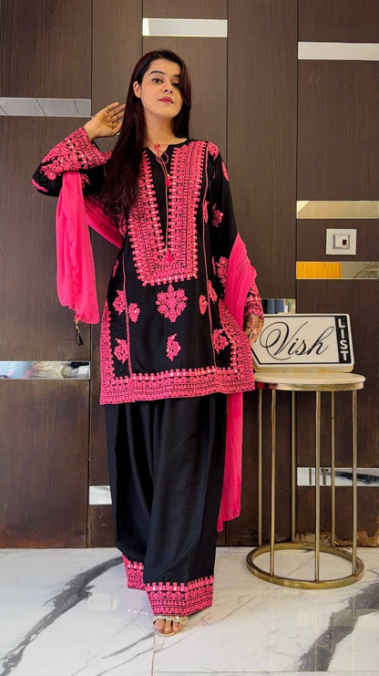 Black and Pink Designer Natural Crepe Silk Sharara Suit and Dupatta