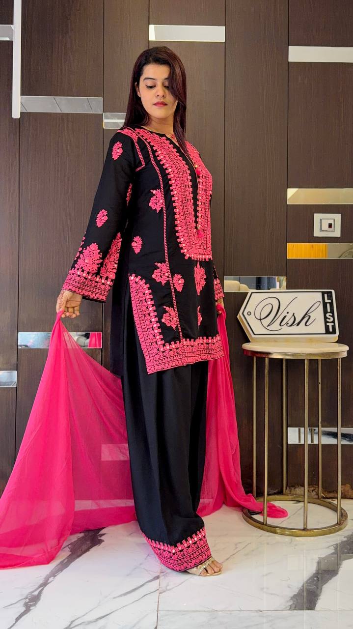 Black and Pink Designer Natural Crepe Silk Sharara Suit and Dupatta