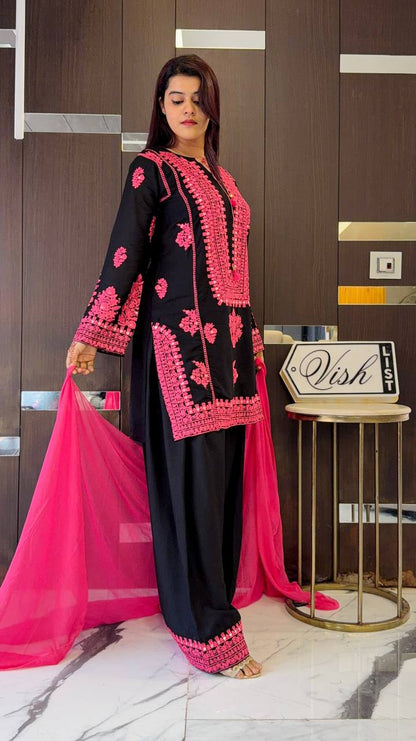 Black and Pink Designer Natural Crepe Silk Sharara Suit and Dupatta
