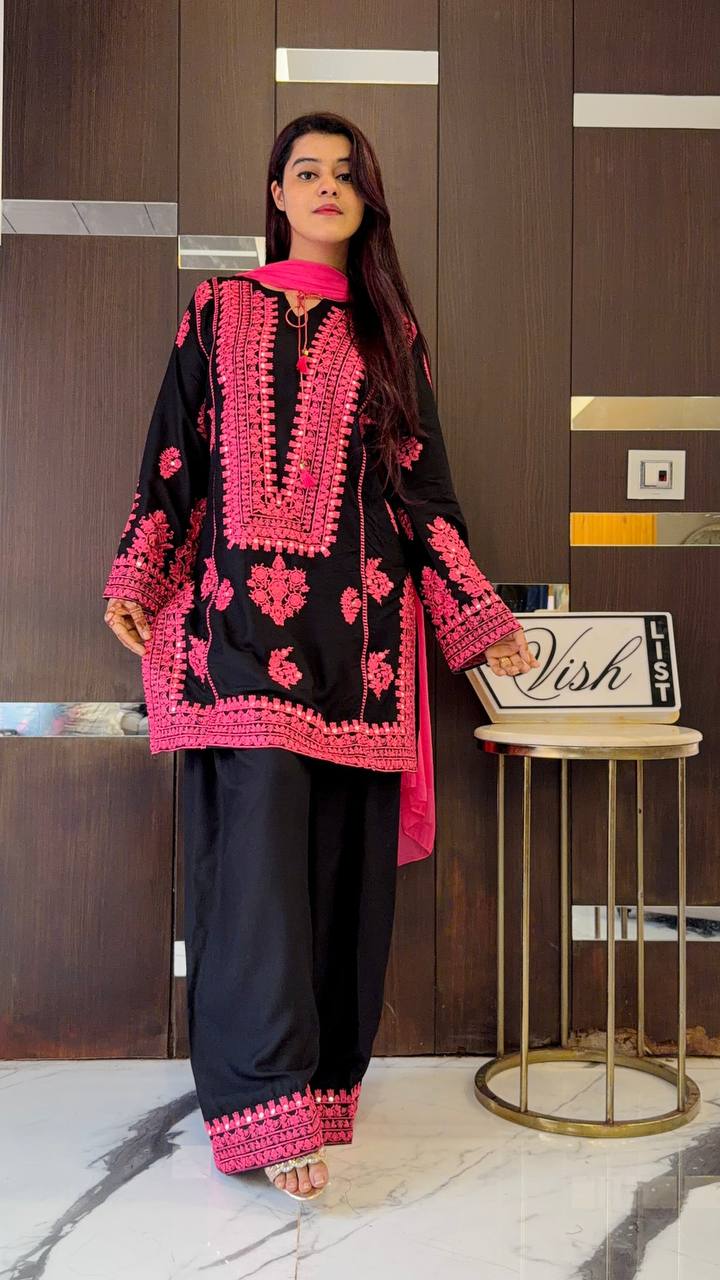 Black and Pink Designer Natural Crepe Silk Sharara Suit and Dupatta