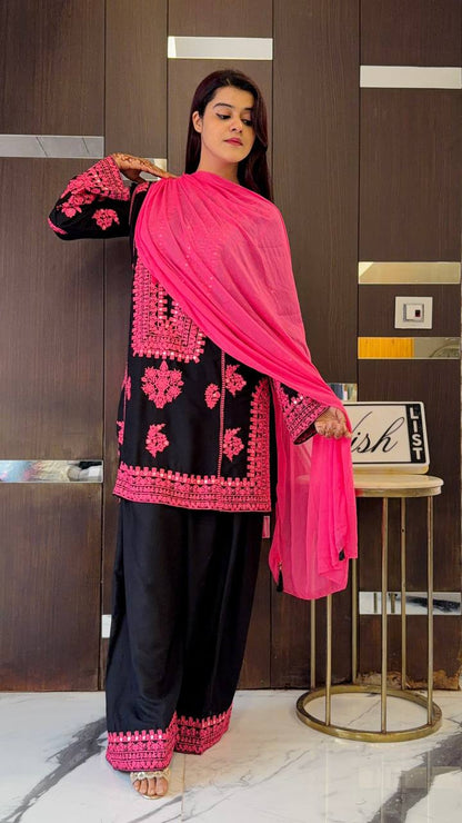 Black and Pink Designer Natural Crepe Silk Sharara Suit and Dupatta