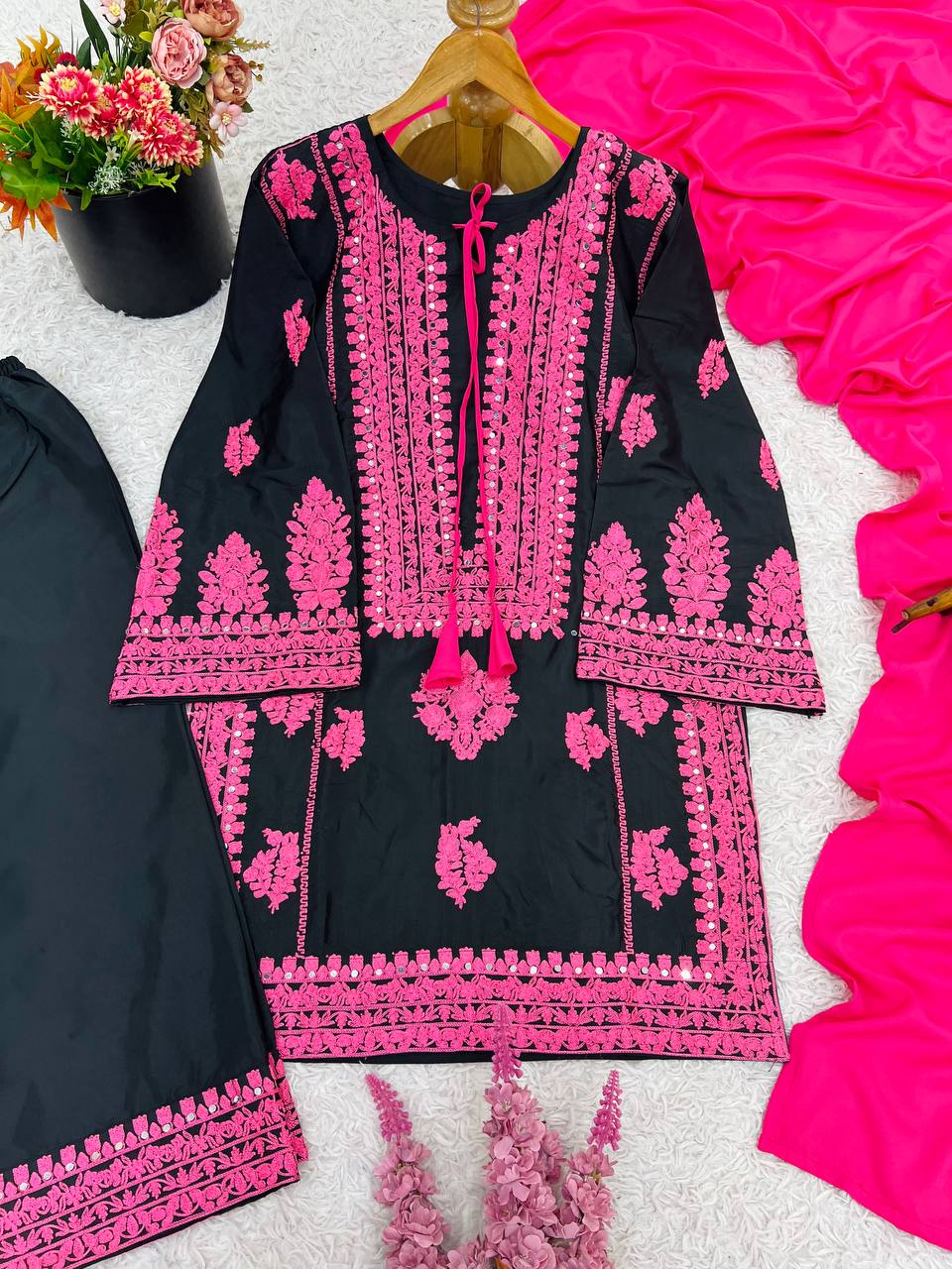 Black and Pink Designer Natural Crepe Silk Sharara Suit and Dupatta