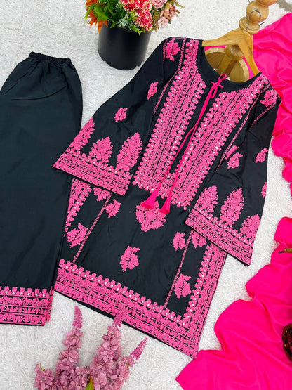 Black and Pink Designer Natural Crepe Silk Sharara Suit and Dupatta