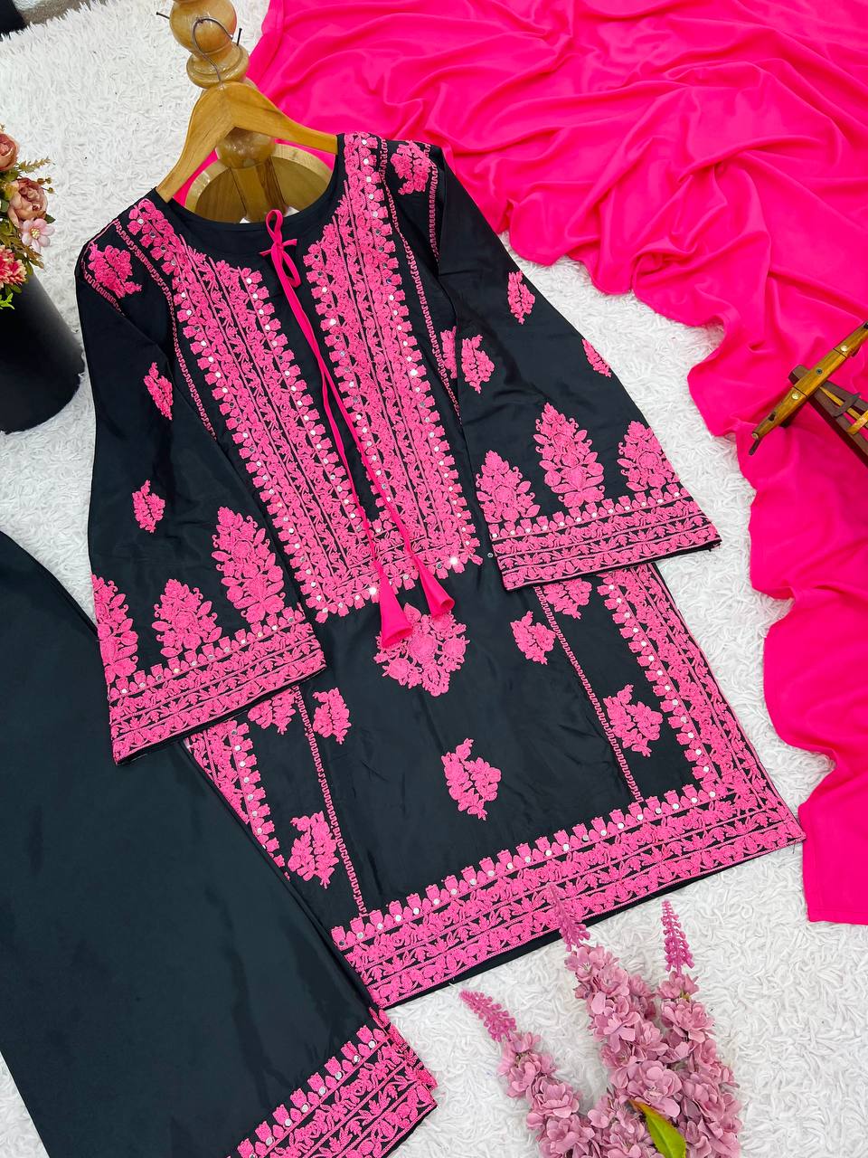 Black and Pink Designer Natural Crepe Silk Sharara Suit and Dupatta