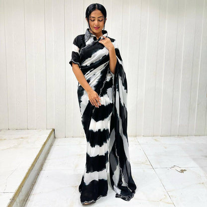 Black And White Digital Print Chinon Saree with Matching Blouse