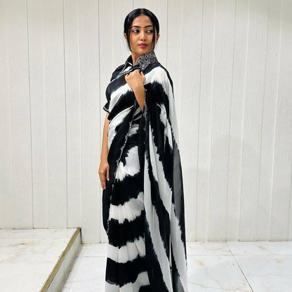 Black And White Digital Print Chinon Saree with Matching Blouse