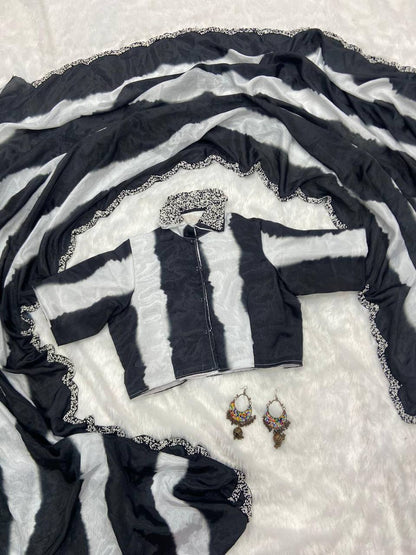 Black And White Digital Print Chinon Saree with Matching Blouse