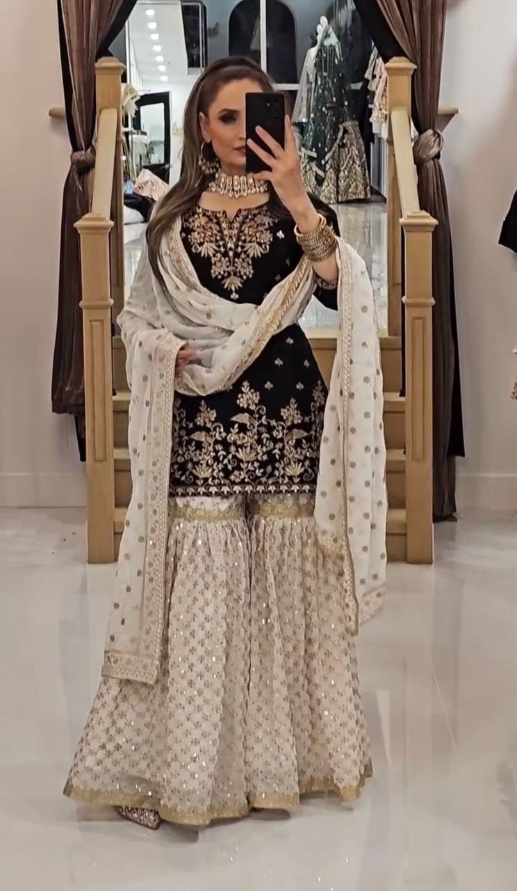 Black and White Faux Georgette Sharara Plazzo Top and Dupatta For Party Wear