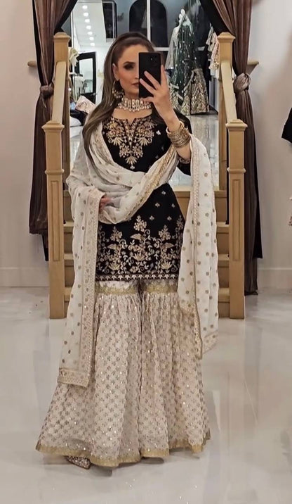 Black and White Faux Georgette Sharara Plazzo Top and Dupatta For Party Wear