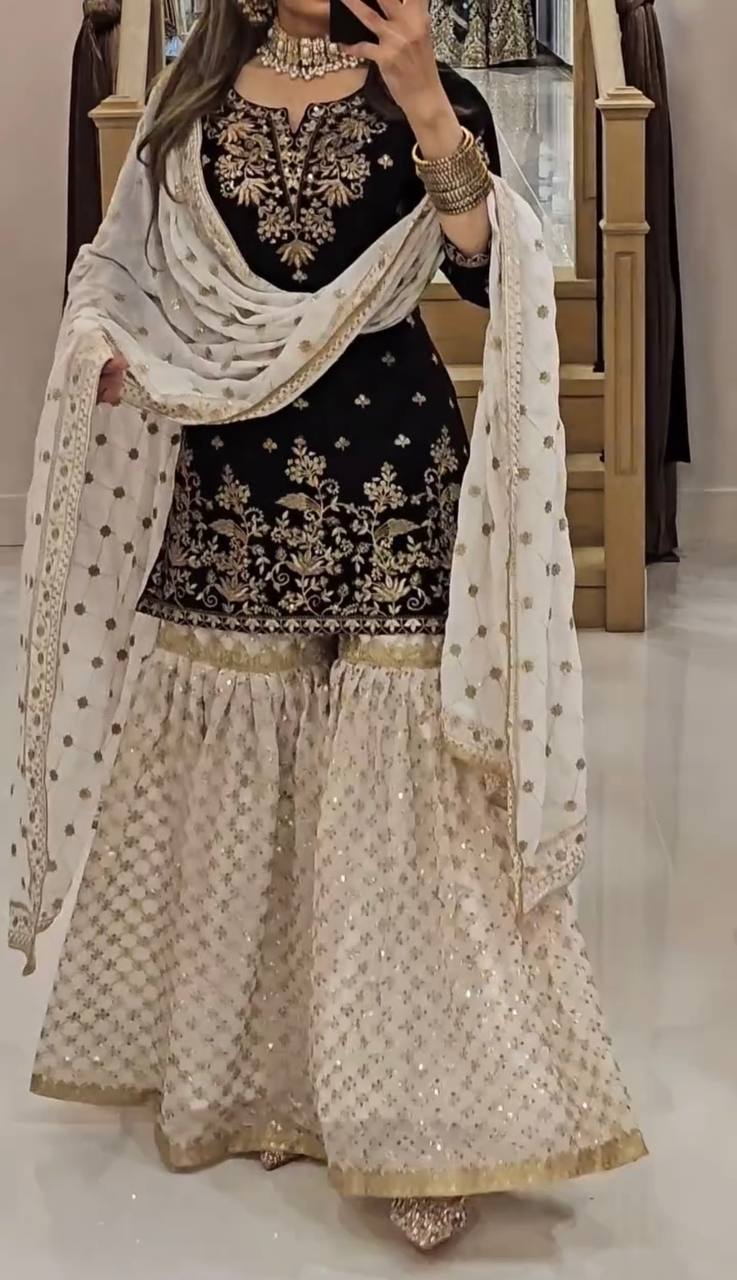 Black and White Faux Georgette Sharara Plazzo Top and Dupatta For Party Wear