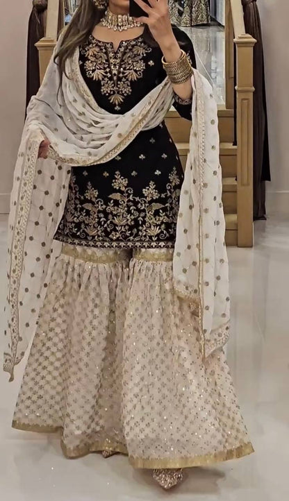 Black and White Faux Georgette Sharara Plazzo Top and Dupatta For Party Wear