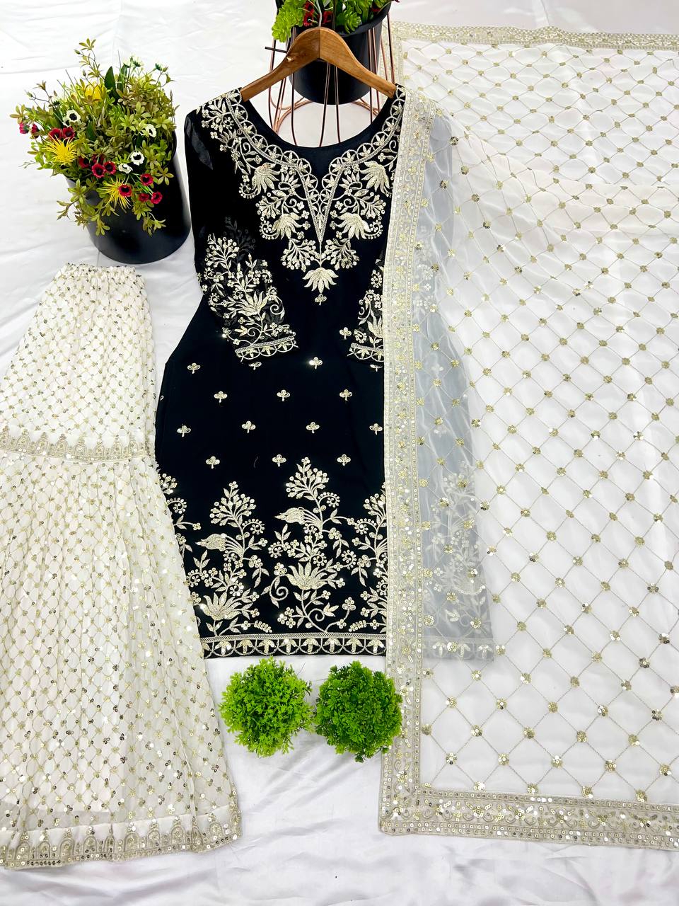 Black and White Faux Georgette Sharara Plazzo Top and Dupatta For Party Wear