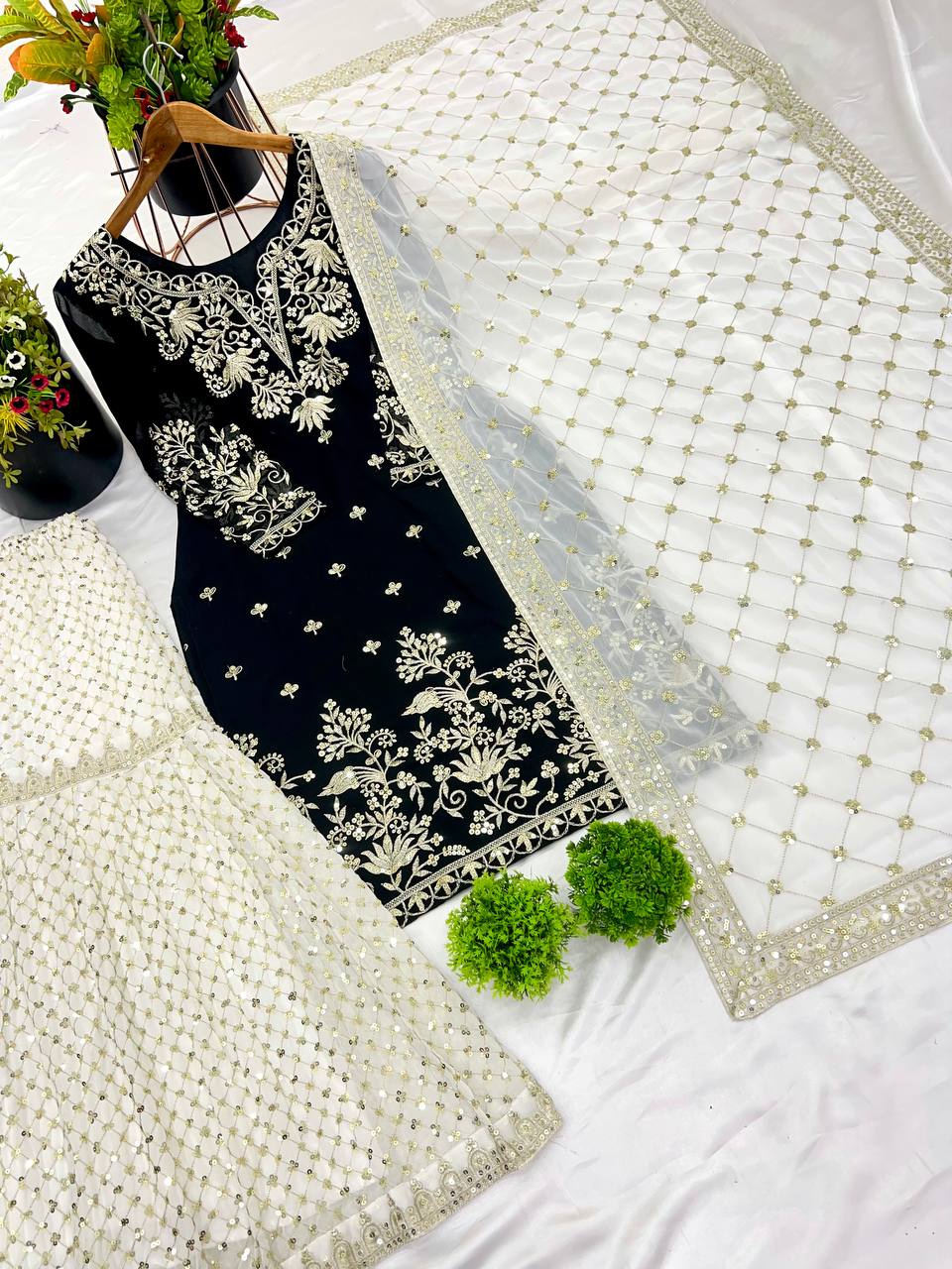 Black and White Faux Georgette Sharara Plazzo Top and Dupatta For Party Wear
