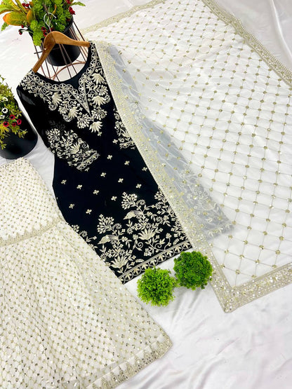Black and White Faux Georgette Sharara Plazzo Top and Dupatta For Party Wear
