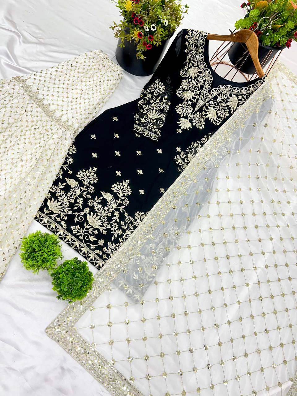 Black and White Faux Georgette Sharara Plazzo Top and Dupatta For Party Wear