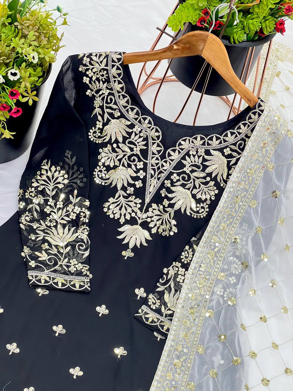 Black and White Faux Georgette Sharara Plazzo Top and Dupatta For Party Wear